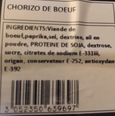 Chorizo de boeuf ingredients label