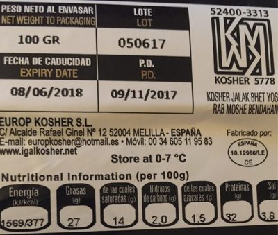 Chorizo de boeuf nutrition facts table