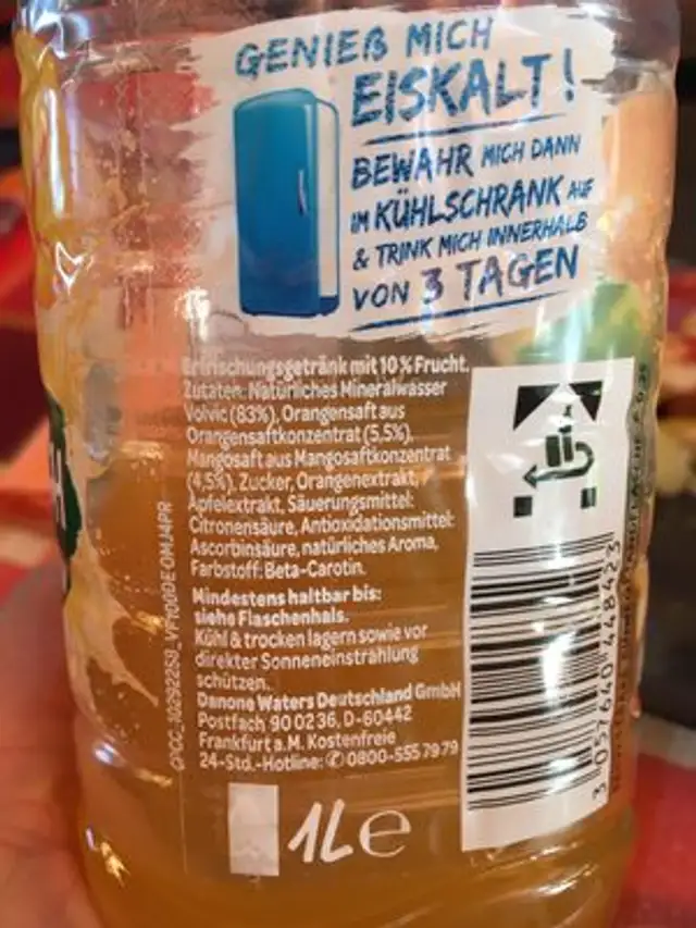 Volvic Juicy Orange Mango ingredients label