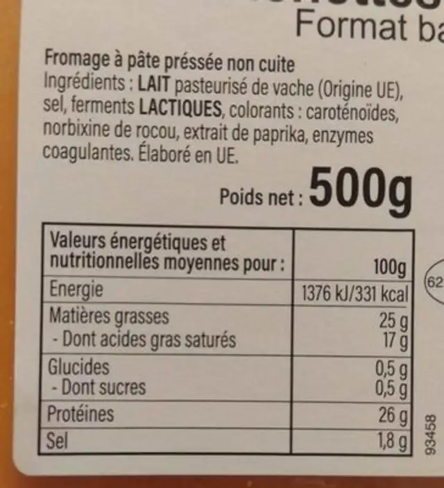 Tranchettes mimolette nutrition facts table
