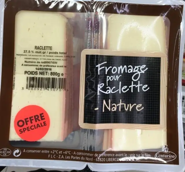 Fromage pour raclette nature (27,5% MG) front packaging