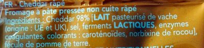 Râpé cheddar ingredients label