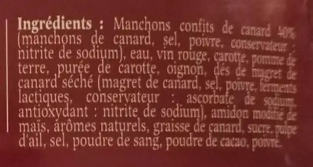 Civet de canard ingredients label