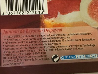 Le jambon de Bayonne ingredients label