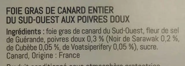 Foie gras de canard entier du Sud-Ouest aux poivres doux ingredients label