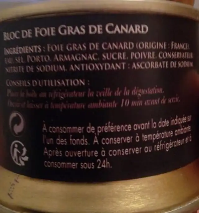 Bloc de foie gras de canard ingredients label