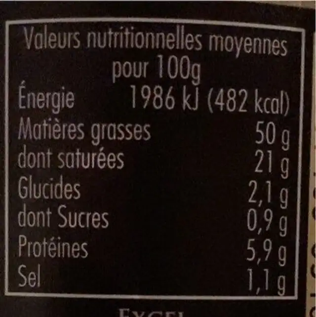 Bloc de foie gras de canard nutrition facts table