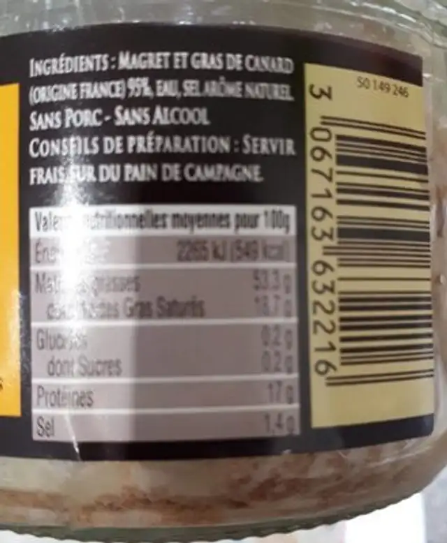 Rillettes pur canard nutrition facts table