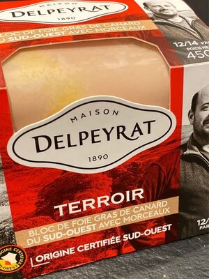 Bloc foie gras de canard du sud ouest avec morceaux front packaging