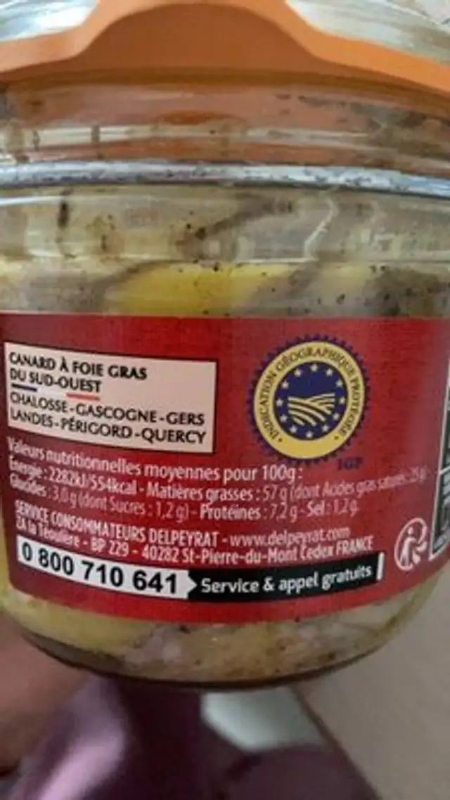 Foie gras de canard entier du sud-ouest nutrition facts table