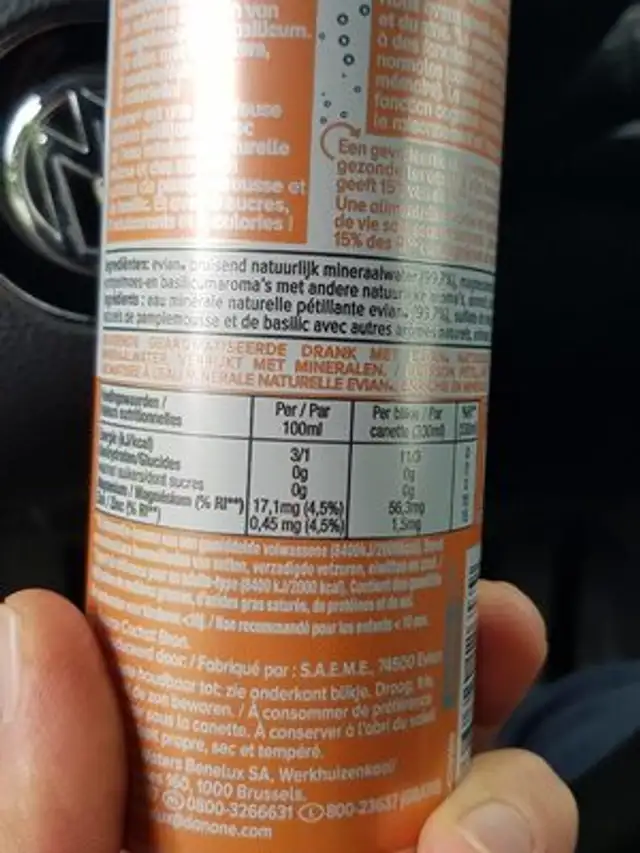 Evian+ Grapefruit & Basil 33cl ALU nutrition facts table