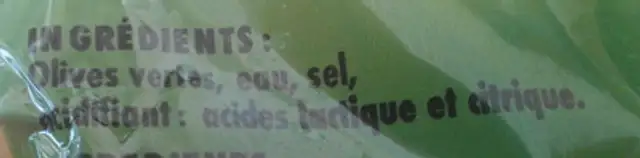 Olives vertes entières en saumure ingredients label