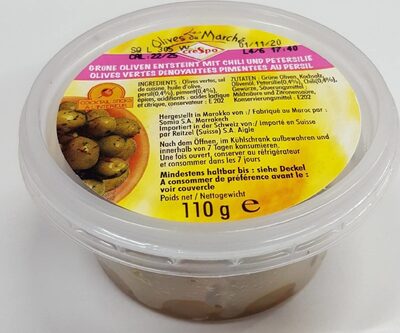 Olives vertes dénoyautées  pimentées au persil