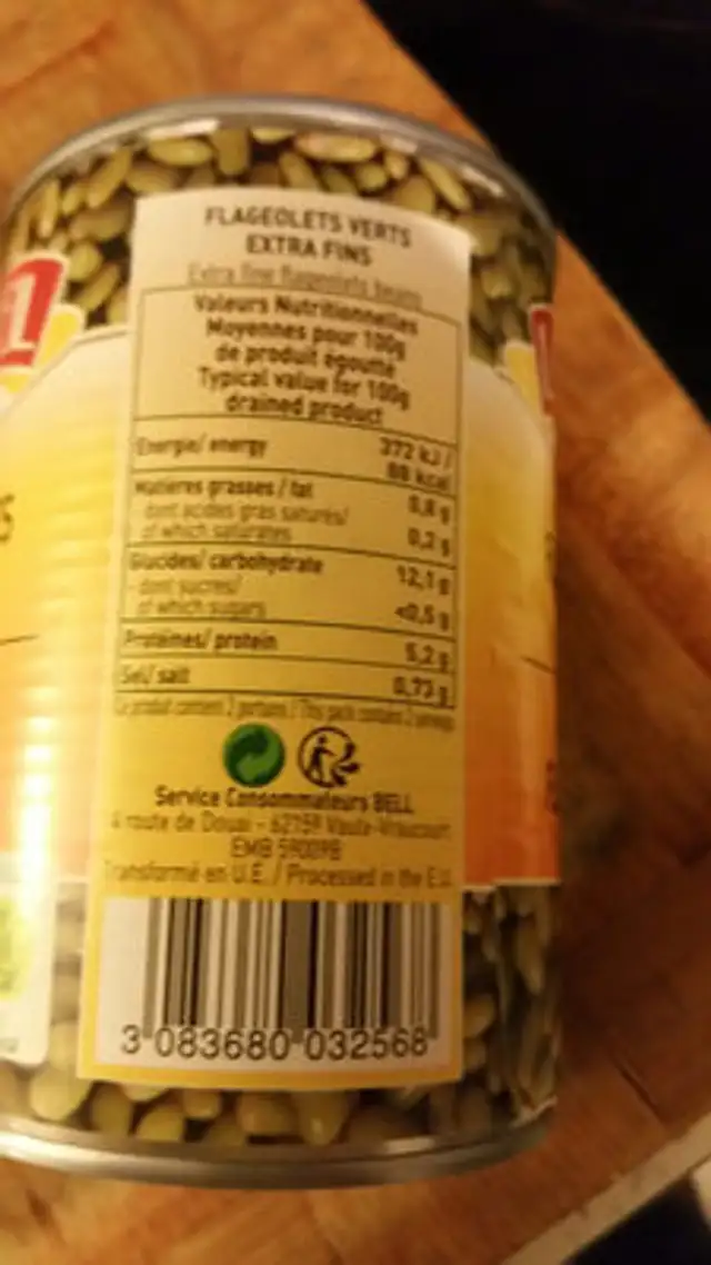 Flageolets verts extra fins ingredients label