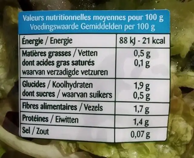 Feuille de chêne rouge 125g + 30% nutrition facts table
