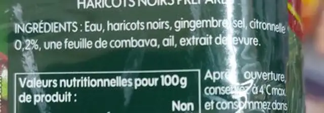 Haricots noirs ingredients label
