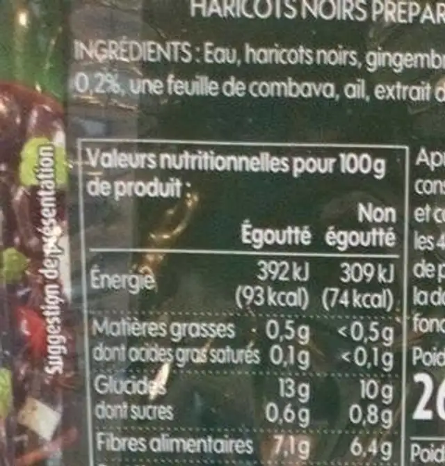 Haricots noirs nutrition facts table