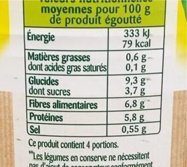 Petits pois SRP 4/4 nutrition facts table