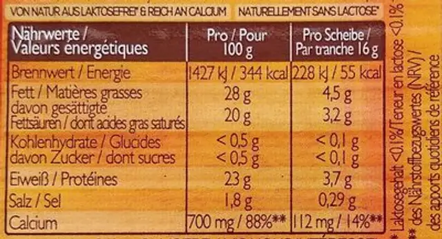 Cremig INTENSE nutrition facts table
