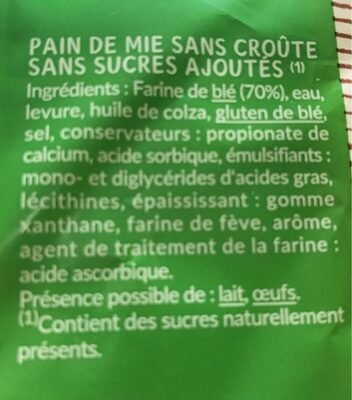 Pain de mie sans sucres ajoutés ingredients label