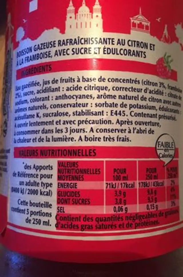 Limonade framboise ingredients label