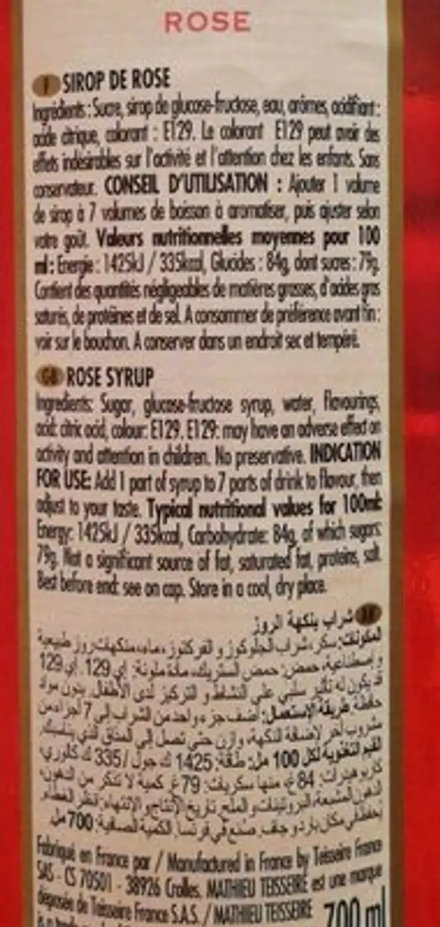 Sirop Rose nutrition facts table
