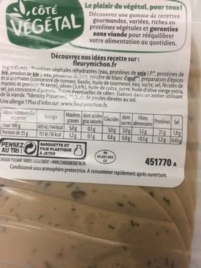 Tranches Végétales Olives ingredients label