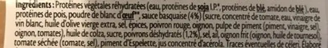 Tranches végétales basquaise ingredients label