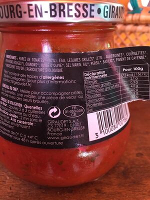 Sauce tomate et légumes grillés bio ingredients label
