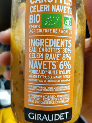 Soupe carotte céleri navets Bio ingredients label