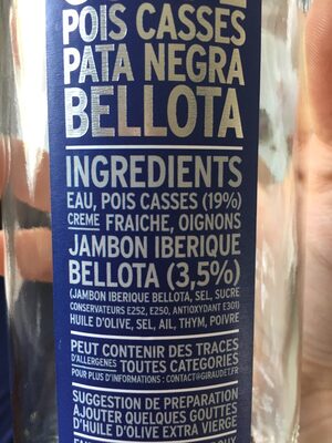 Soupe pois casses pata negra bellota ingredients label