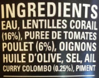 Soupe lentilles corail poulet curry ingredients label