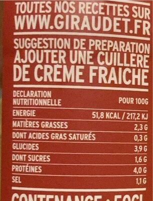 Soupe homard légumes nutrition facts table