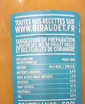 Soupe patate douce lait de coco nutrition facts table