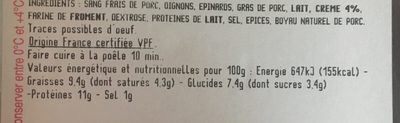 Boudin de lyon ingredients label