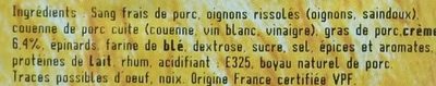 Boudin de Lyon à la crème ingredients label