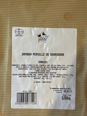 Jambon bourguignon persillé ingredients label