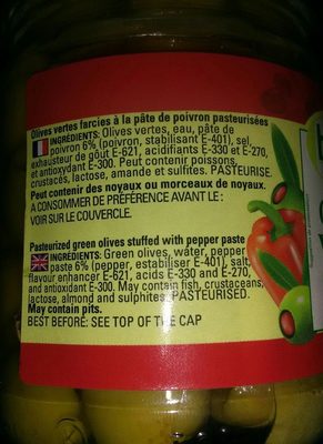 Olives vertes farcies aux poivrons ingredients label