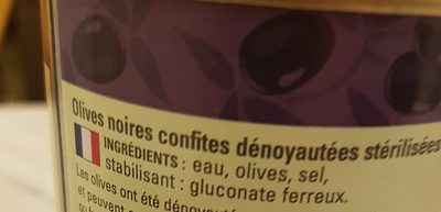 Olives Noires Dénoyautées, 1 / 2 ingredients label