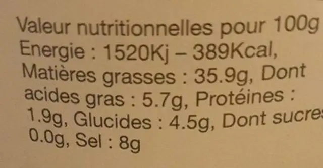 Olives noires dénoyautées nutrition facts table