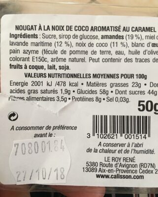 Nougat à la noix de coco aromatisé au caramel ingredients label