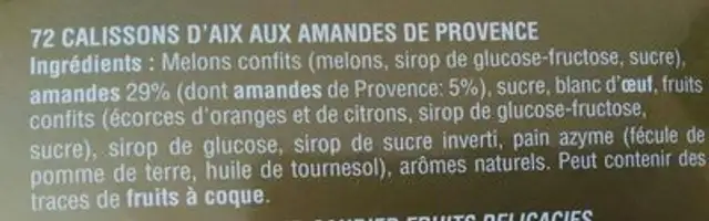 Calissons du Roy René ingredients label