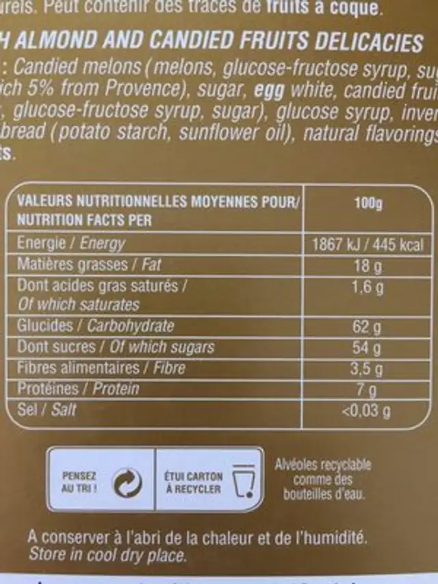 Calissons nutrition facts table