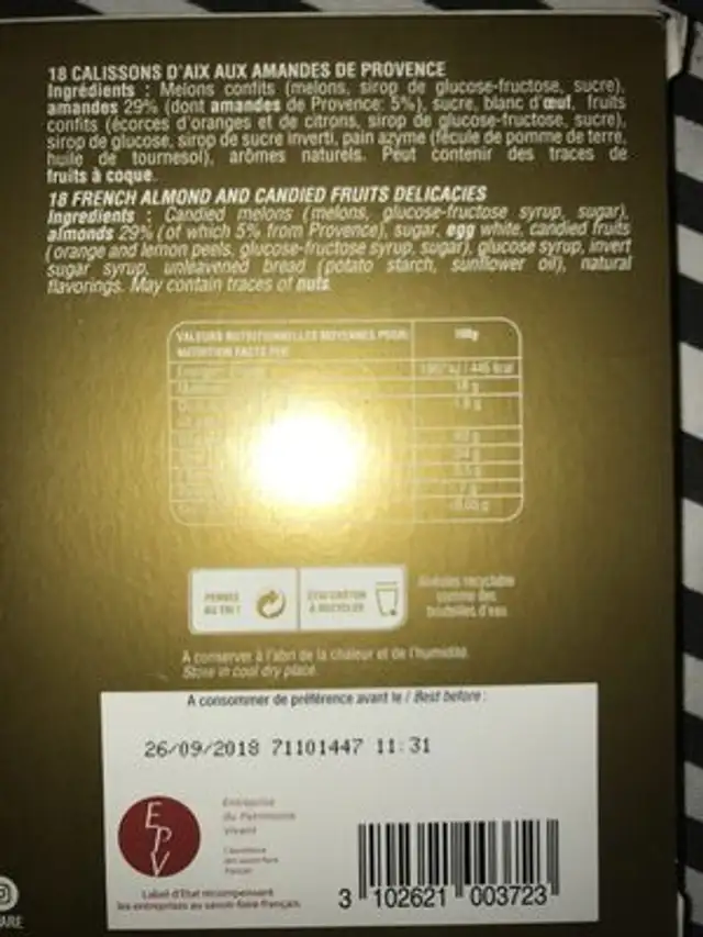 Calissons du Roy René ingredients label