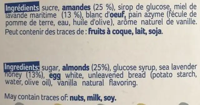 Nougat blanc du Roy René ingredients label