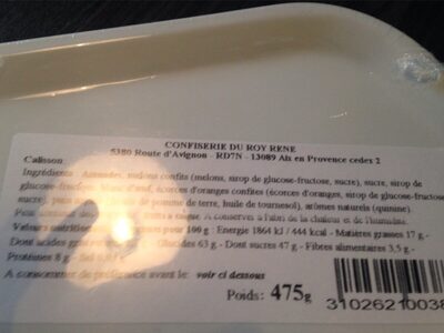 Calissons d'Aix du Roy Réne ingredients label