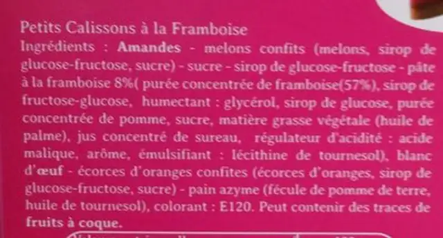 Petits Calissons à la Framboise ingredients label