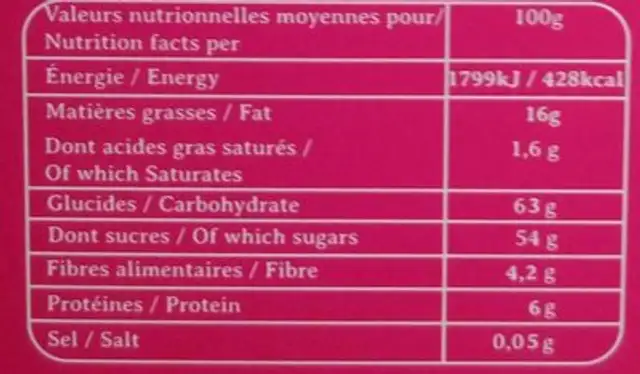 Petits Calissons à la Framboise nutrition facts table
