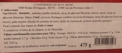 Calissons d'Aix nutrition facts table