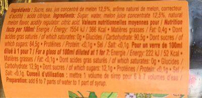 Sirop de melon ingredients label